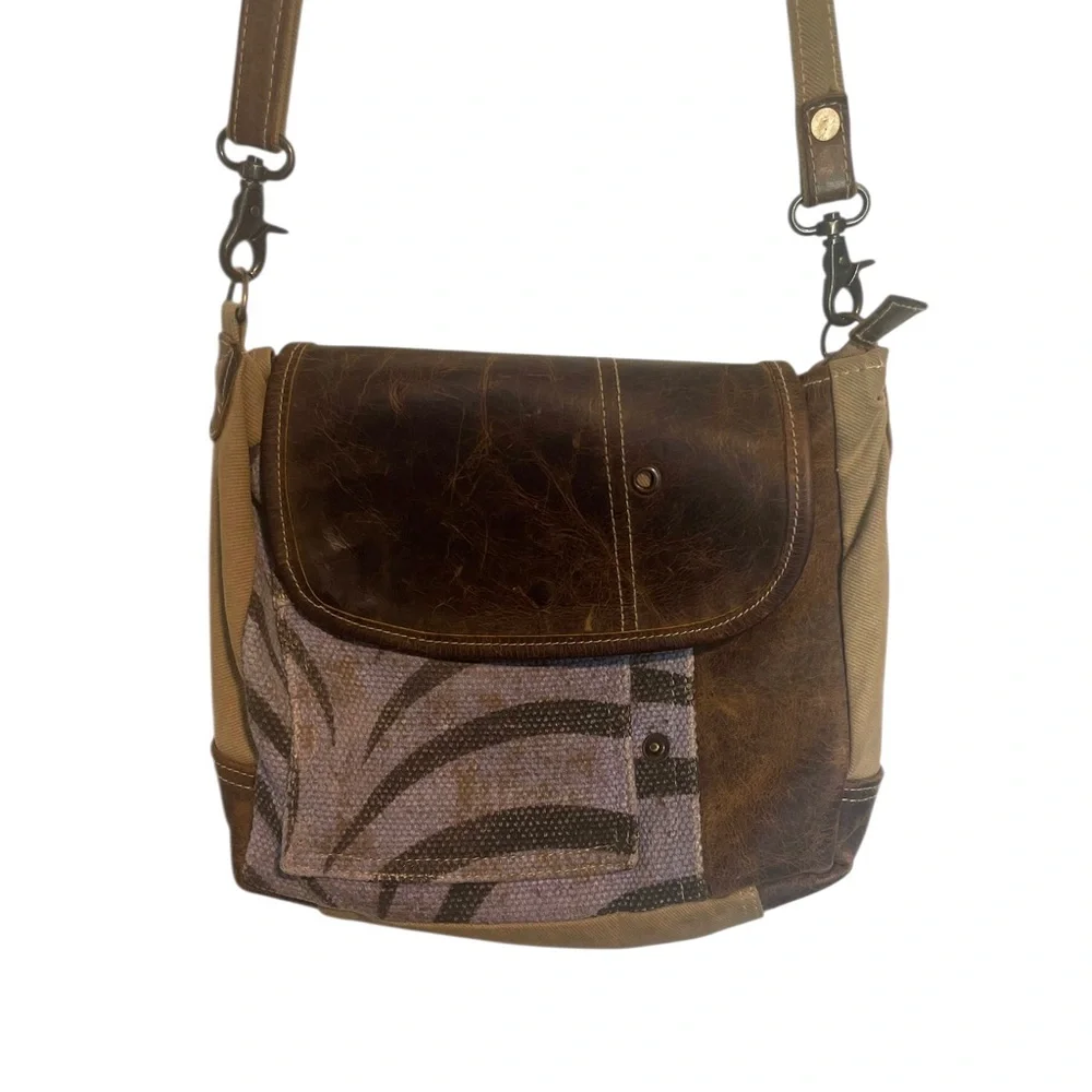 Myra Bag Crossbody Messenger Distressed Leather & Canvas Shoulder Handbag Purse - Picture 14 of 15
